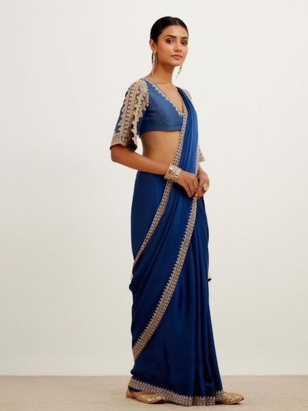 Blue Crep Silk Embroidery Lace Work Saree  