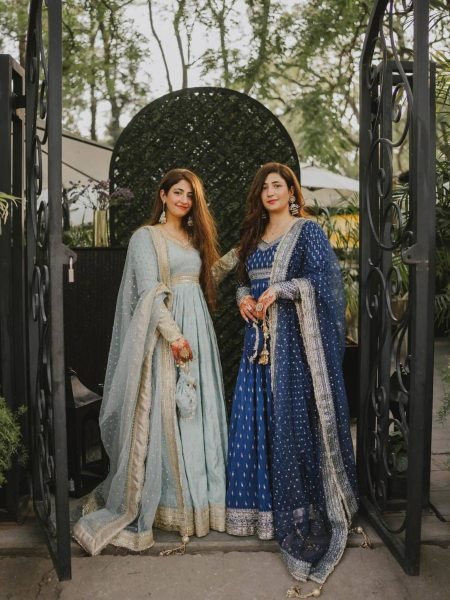 Blue Designer Anarkali Gown With Hand Embroidery And Net Drape Ready To Wear Suit