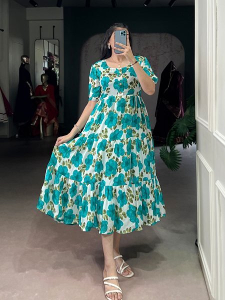 Blue Designer Floral Silk Frock with Heavy Flair for Parties Events  Kurtis