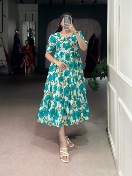 Blue Designer Floral Silk Frock with Heavy Flair for Parties Events  Cotton Kurtis Wholesale