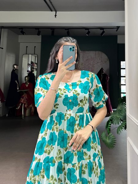 Blue Designer Floral Silk Frock with Heavy Flair for Parties Events  Cotton Kurtis Wholesale