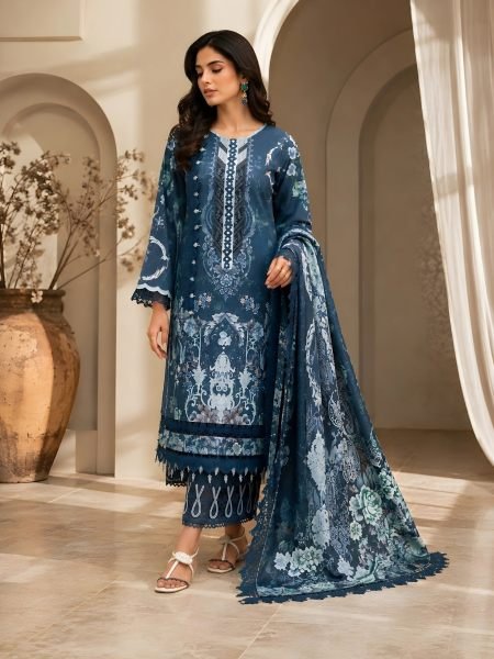 Blue Designer Pakistani Lawn Dress with Heavy Printed Work and Cotton Dupatta For Function  Salwar Kameez