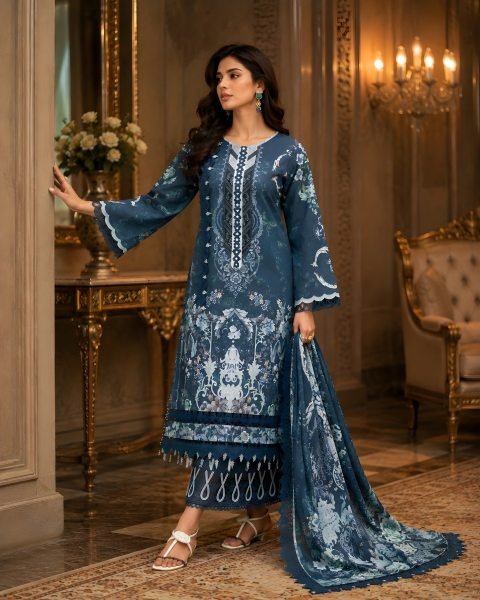 Blue Designer Pakistani Lawn Dress with Heavy Printed Work and Cotton Dupatta For Function  Pakistani Suits Wholesale