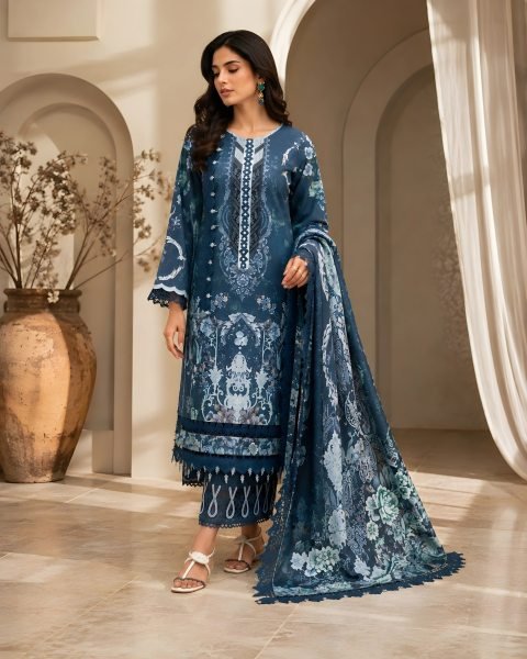 Blue Designer Pakistani Lawn Dress with Heavy Printed Work and Cotton Dupatta For Function  Pakistani Suits Wholesale