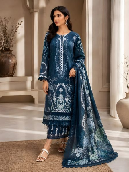 Blue Designer Pakistani Lawn Dress with Heavy Printed Work and Cotton Dupatta For Function  Pakistani Suits Wholesale