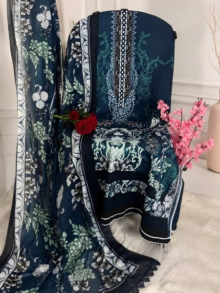 Blue Designer Pakistani Lawn Dress with Heavy Printed Work and Cotton Dupatta For Function  Pakistani Suits Wholesale