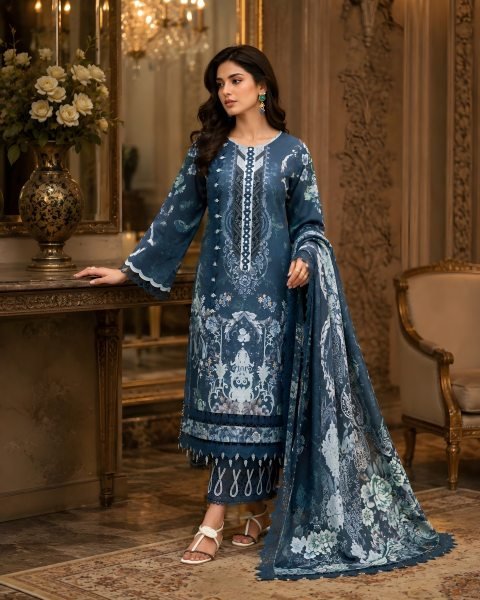 Blue Designer Pakistani Lawn Dress with Heavy Printed Work and Cotton Dupatta For Function  Pakistani Suits Wholesale