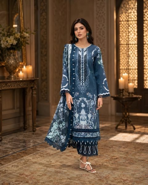 Blue Designer Pakistani Lawn Dress with Heavy Printed Work and Cotton Dupatta For Function  Pakistani Suits Wholesale
