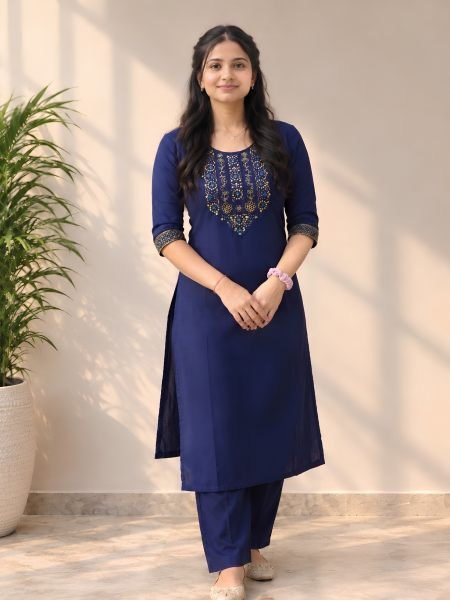 Blue Designer Slub Cotton Kurti with Embroidery Work and Bottom at Manufacturer  Kurtis