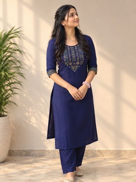 Blue Designer Slub Cotton Kurti with Embroidery Work and Bottom at Manufacturer  Cotton Kurtis Wholesale