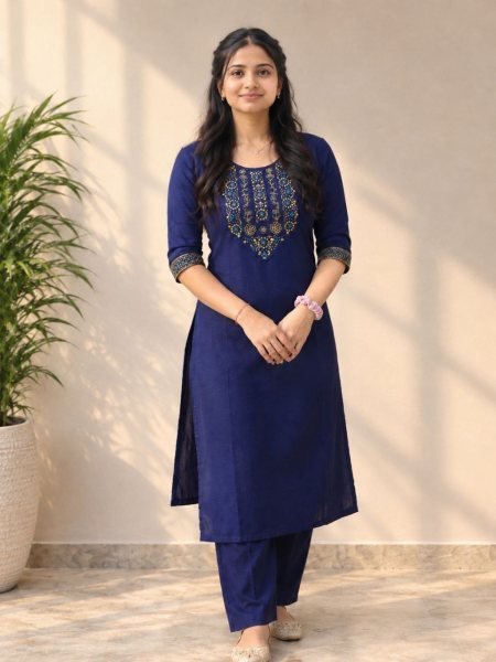 Blue Designer Slub Cotton Kurti with Embroidery Work and Bottom at Manufacturer  Cotton Kurtis Wholesale