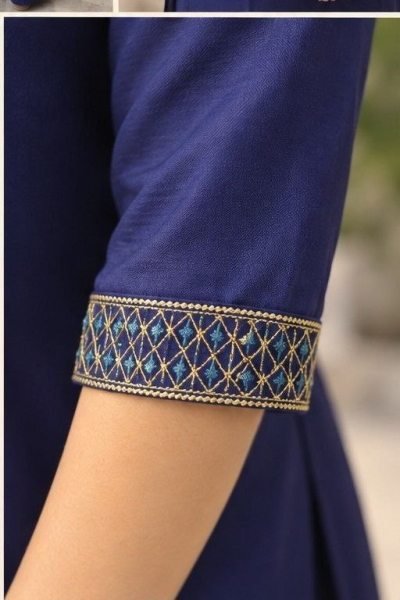 Blue Designer Slub Cotton Kurti with Embroidery Work and Bottom at Manufacturer  Cotton Kurtis Wholesale