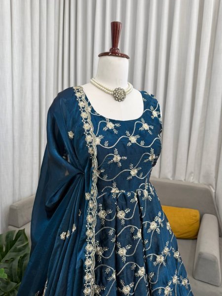 Blue Embroidered Anarkali Suit In Art Silk Anarkali Kurtis 