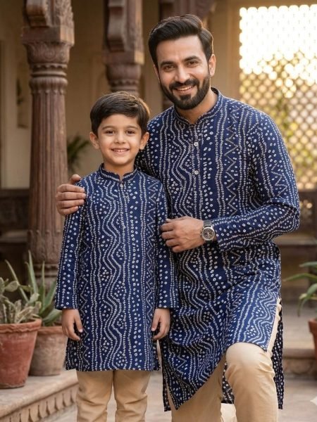 Blue Family Combo Kurta Set for Men and Kids in Printed Cotton at Manufacturer Price 