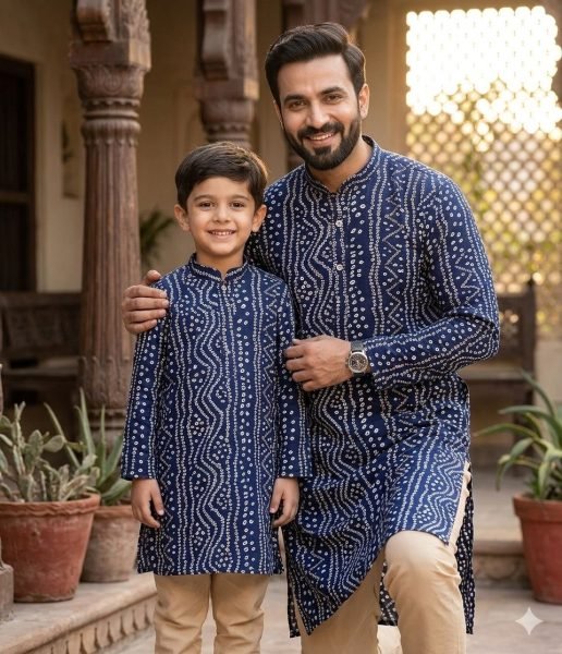 Blue Family Combo Kurta Set for Men and Kids in Printed Cotton at Manufacturer Price Father Son Collection 