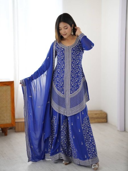 Blue Faux Georgette Embroidered Sequin Work Palazzo Set And Beautifully Finished Dupatta Ready To Wear Suit