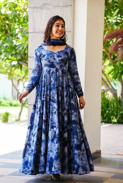 Blue Faux Georgette Gown Pant With Dupatta 3 Piece Kurti Set