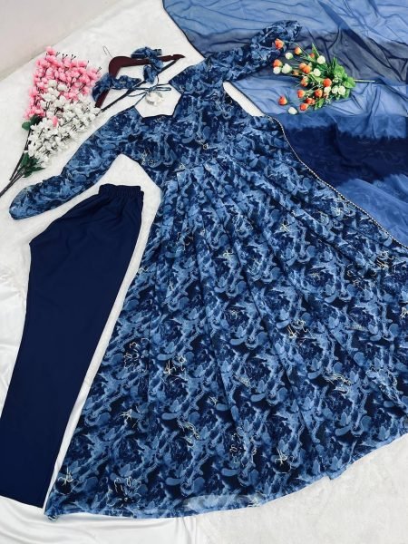 Blue Faux Georgette Gown Pant With Dupatta 3 Piece Kurti Set