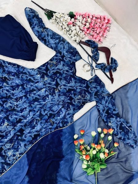 Blue Faux Georgette Gown Pant With Dupatta 3 Piece Kurti Set