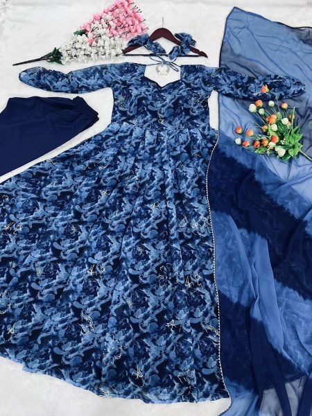 Blue Faux Georgette Gown Pant With Dupatta 3 Piece Kurti Set