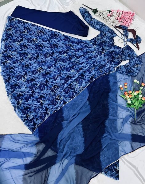 Blue Faux Georgette Gown Pant With Dupatta 3 Piece Kurti Set