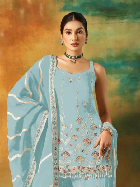 Blue Faux Georgette Zari Embroidery Palazzo Suit Designer Wear at Low Price Salwar Kameez