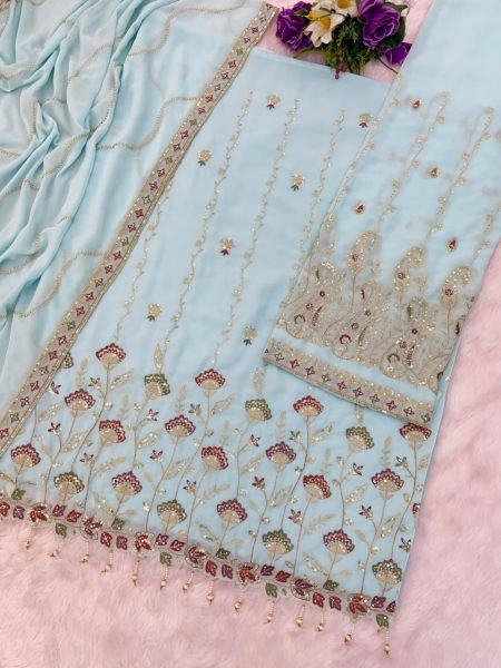 Blue Faux Georgette Zari Embroidery Palazzo Suit Designer Wear at Low Price Designer Plazzo Salwar Suits Wholesale