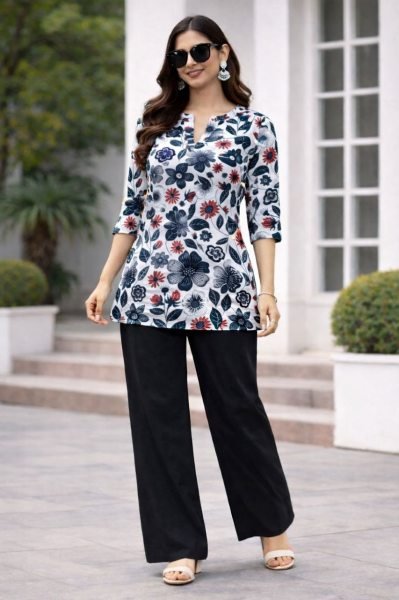 Blue Flower Everyday Co-ord Set with Digital Print Top and Easy Plazzo CO ORD Sets