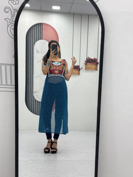 Blue Georgette Bandhej Kedya Top with Handwork Mirror Detailing Festive Navratri Special Navratri Collection