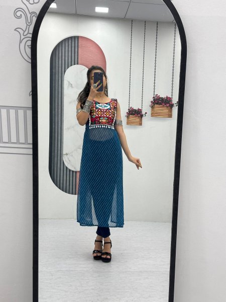 Blue Georgette Bandhej Kedya Top with Handwork Mirror Detailing Festive Navratri Special Navratri Collection