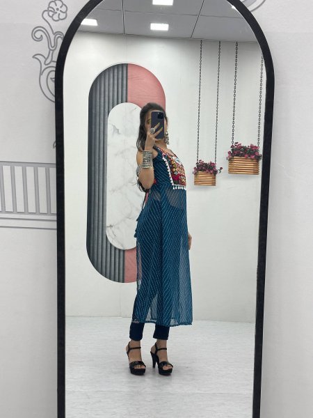 Blue Georgette Bandhej Kedya Top with Handwork Mirror Detailing Festive Navratri Special Navratri Collection