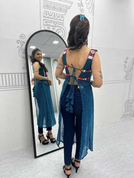 Blue Georgette Bandhej Kedya Top with Handwork Mirror Detailing Festive Navratri Special Navratri Collection