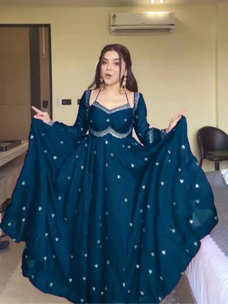 Blue Georgette Embroidery Anarkali Suit Set with Dupatta Ready to Wear for Celebrations