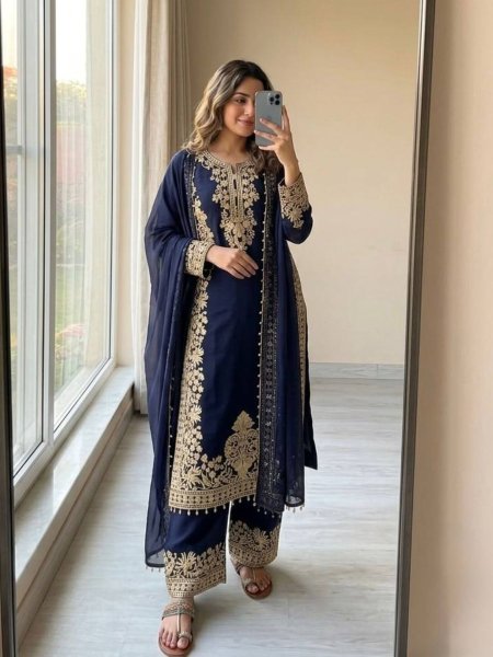 Blue Georgette Pakistani Suits With Embroidery Work On Top For Best Wholesale Price 