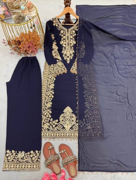 Blue Georgette Pakistani Suits With Embroidery Work On Top For Best Wholesale Price Ready To Wear Collection