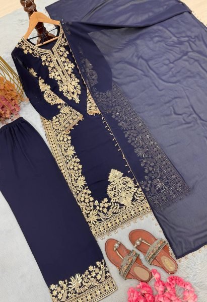 Blue Georgette Pakistani Suits With Embroidery Work On Top For Best Wholesale Price Ready To Wear Collection