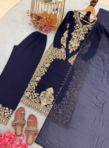 Blue Georgette Pakistani Suits With Embroidery Work On Top For Best Wholesale Price Ready To Wear Collection