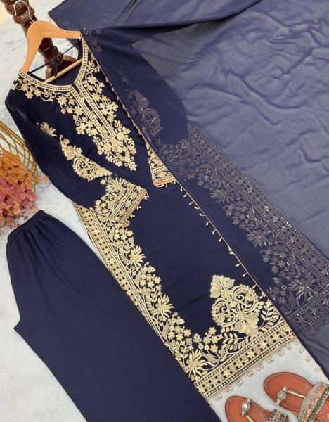 Blue Georgette Pakistani Suits With Embroidery Work On Top For Best Wholesale Price Ready To Wear Collection