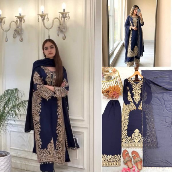 Blue Georgette Pakistani Suits With Embroidery Work On Top For Best Wholesale Price Ready To Wear Collection