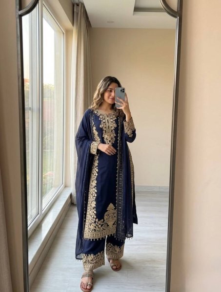 Blue Georgette Pakistani Suits With Embroidery Work On Top For Best Wholesale Price Ready To Wear Collection