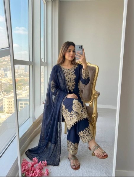 Blue Georgette Pakistani Suits With Embroidery Work On Top For Best Wholesale Price Ready To Wear Collection
