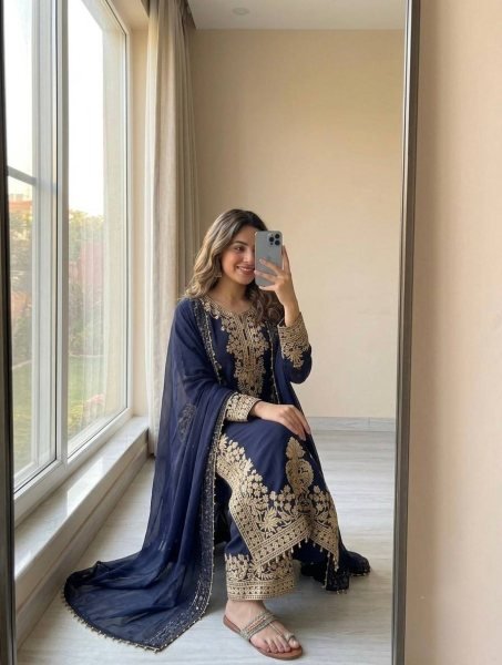 Blue Georgette Pakistani Suits With Embroidery Work On Top For Best Wholesale Price Ready To Wear Collection