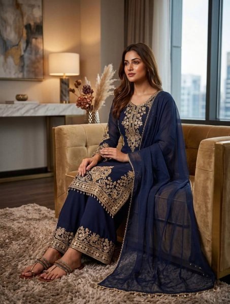 Blue Georgette Pakistani Suits With Embroidery Work On Top For Best Wholesale Price Ready To Wear Collection