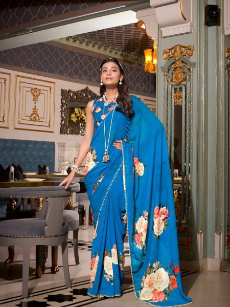 Blue Georgette Saree with Rosy Floral Design Elegant Daywear Pick Georgette Sarees Wholesale