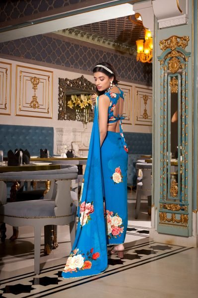 Blue Georgette Saree with Rosy Floral Design Elegant Daywear Pick Georgette Sarees Wholesale