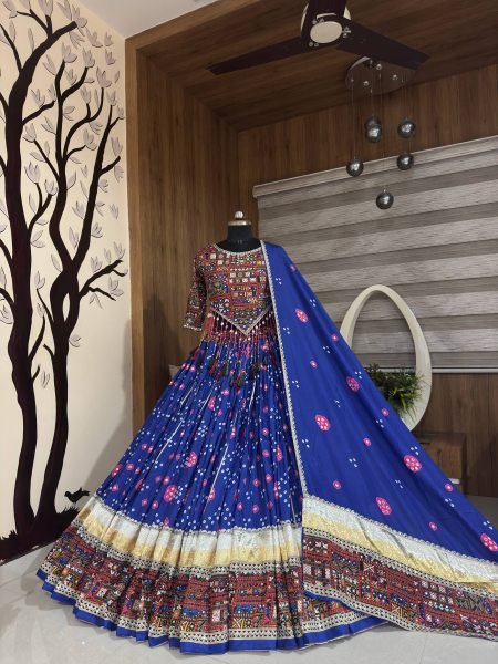 Blue Heavy Muslin Cotton Navratri Lehenga Choli with Real Mirror Work at Wholesale rate Navratri Lehnega Choli