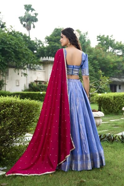 Blue Kanchipuram Saree Lehenga Choli Set with Zari Weawing Work Half Saree Lehenga