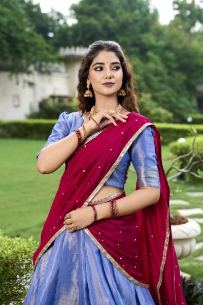 Blue Kanchipuram Saree Lehenga Choli Set with Zari Weawing Work Half Saree Lehenga