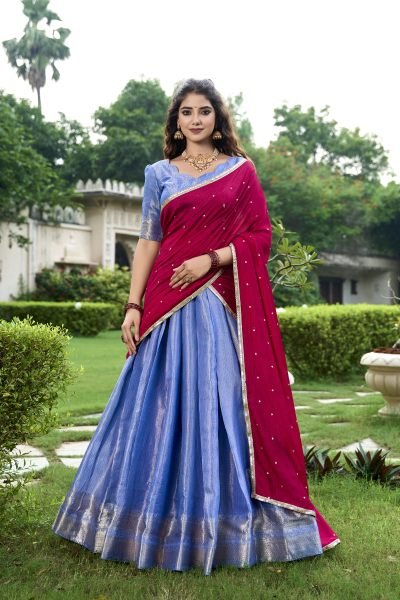 Blue Kanchipuram Saree Lehenga Choli Set with Zari Weawing Work Half Saree Lehenga