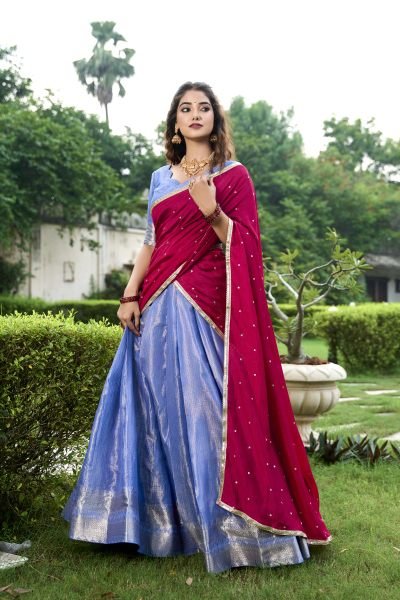Blue Kanchipuram Saree Lehenga Choli Set with Zari Weawing Work Half Saree Lehenga